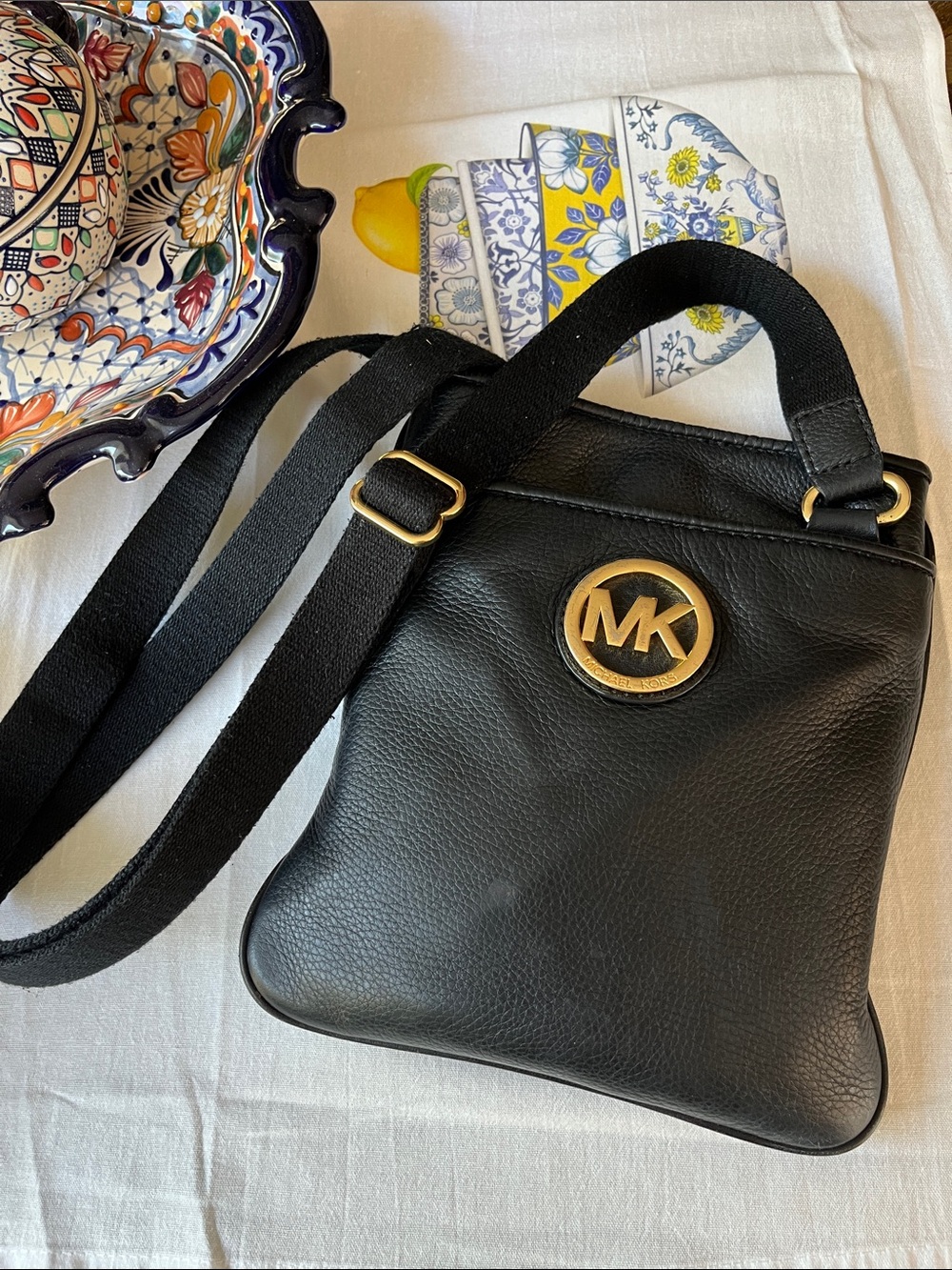 Michael Kors Black Leather Crossbody Messenger with Gold MK Medallion